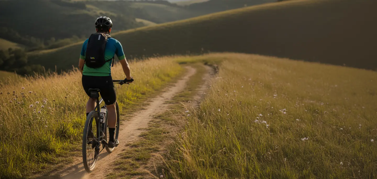Ciclista descendo uma montanha com a mochila da Thule hidratação